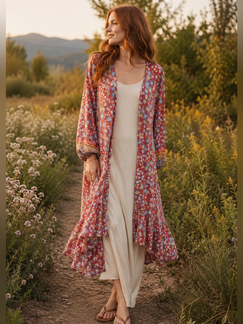 Poème Floral Boho Kimono Duster| Red Multi | Size S Cottagecore